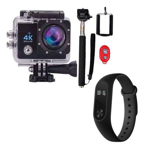 Camera Action Go Ultra 4k Bastão de Selfie com Relógio Xiaomi Mi Band 2 Smart Watch para Android IOS