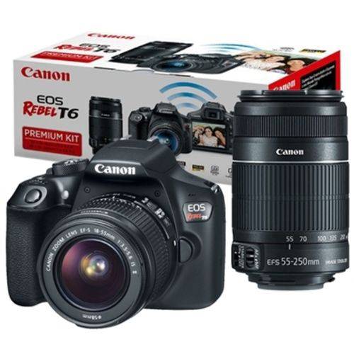 Câmera Canon DSLR EOS Rebel T6 PREMIUM com Lente 18-55mm + 55-250mm
