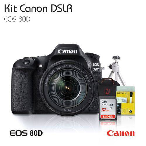 Câmera Canon EOS 80D 18-135mm Tripé, Bolsa(MasterTronic), C.32gb, Kit Limpeza