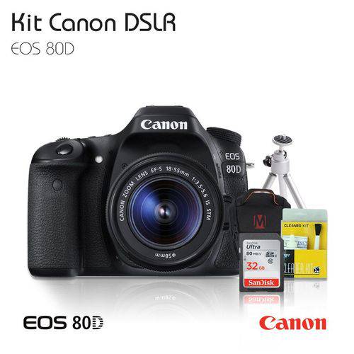 Câmera Canon EOS 80D 18-55mm Tripé, Bolsa(MasterTronic), C.32gb, Kit Limpeza