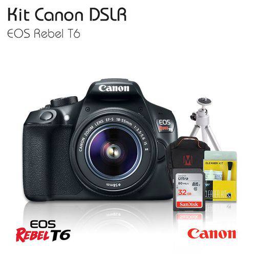 Câmera Canon Rebel T6 18-55mm, Cartão de Memória 32gb, Bolsa, Tripé, Kit Limpeza