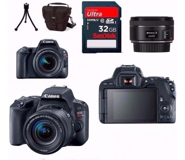 Câmera Canon Sl2 Kit Especial com Lente 18 55 + 50mm 1.8 Stm + Bolsa + Mini Tripé + 32Gb Class 10 + Filtro UV Garantia Canon Oficial