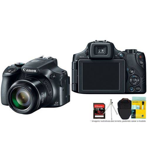 Tudo sobre 'Câmera Canon SX60 HS, Tripé de Mesa, Bolsa(MasterTronic), C.32gb, Kit Limpeza'