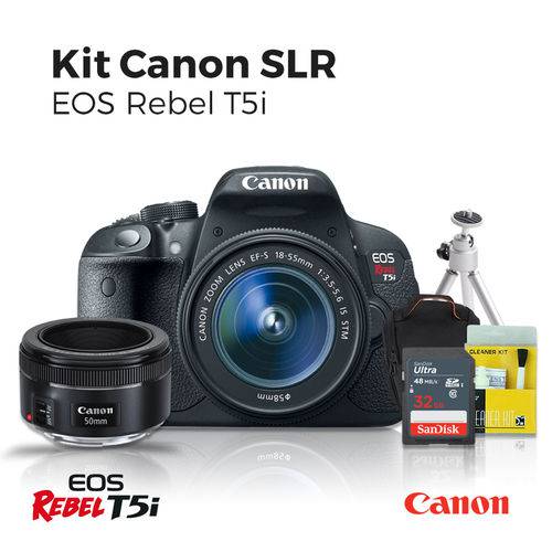 Câmera Canon T5i 18-55mm, 50 1.8, Tripé, C.32GB, Bolsa MasterTronic, Kit Limpeza