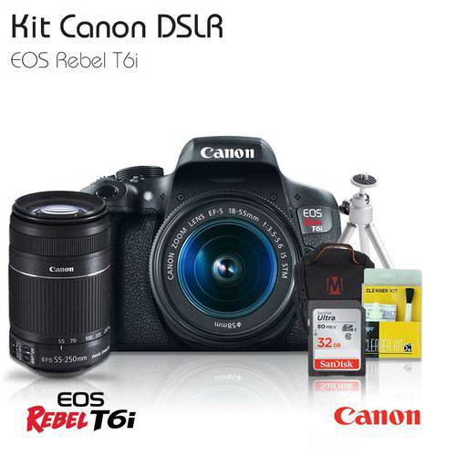 Câmera Canon T6i 18-55mm 55-250mm Tripé, C.32GB, Bolsa MasterTronic, Kit Limpeza