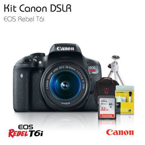 Câmera Canon T6i 18-55mm, Bolsa (MasterTronic), Tripé, Cartão 32gb, Kit Limpeza