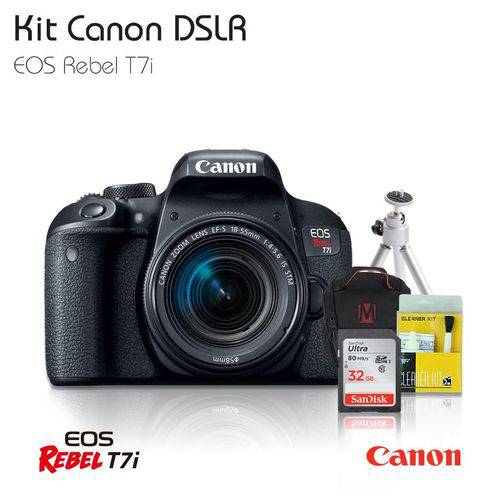 Câmera Canon T7i 18-55mm, Tripé Mesa, C.32GB, Bolsa MasterTronic, Kit Limpeza