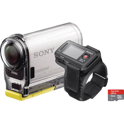 Câmera de Ação Sony Action Cam AS100VR 13.5MP, WiFi, NFC, GPS, Controle Remoto de Pulso e Cartão de Memória de 16GB - Branca