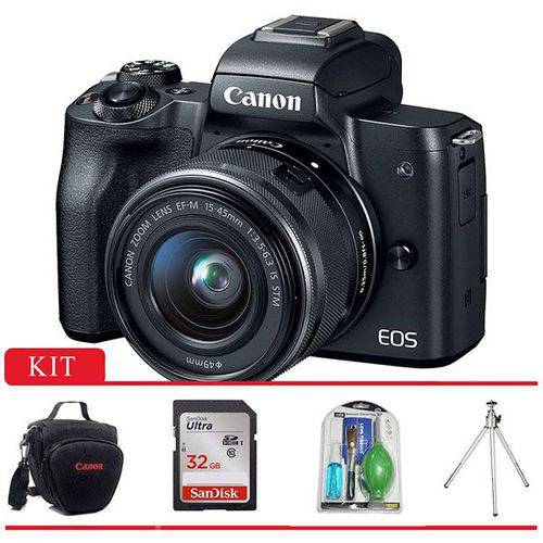 Câmera Digital Canon EOS M50 Mirrorless com Lente 15-45mm, Bolsa Canon, Tripé, Cartão 32gb, Kit Limp