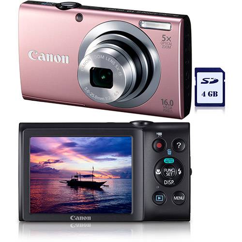Câmera Digital Canon PowerShot A2400 IS 16 MP, C/ 5x Zoom Óptico Cartão SD 4GB Rosa