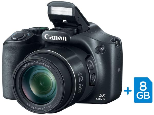 Tudo sobre 'Câmera Digital Canon PowerShot SX530HS 16MP - Visor 3” Zoom Óptico 50x Filma Full HD Cartão 8GB'