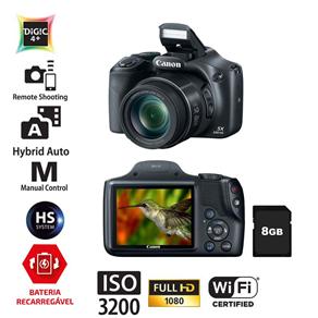 Câmera Digital Canon Powershot SX530HS Preta–16.0MP, LCD 3.0”, Zoom Óptico de 50x, Estabilizador Inteligente, Wi-Fi, NFC e Vídeo Full HD + Cartão 8GB
