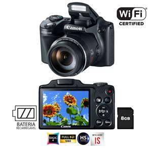 Câmera Digital Canon Powershot SX510 HS Preta - 12.1 MP, LCD 3.0", Full HD, Wi Fi, Zoom Ótico 30x, Flash Integrado e Lente de 24mm + Cartão 8GB
