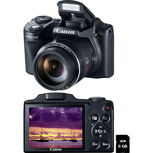 Tudo sobre 'Câmera Digital Canon Powershot SX510 IS 12.1 MP com Super Zoom de 30x Preta Cartão de 8GB'