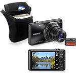 Câmera Digital 3D Cyber-shot DSC-WX100 (18.2 MP) com 10x Zoom Óptico, Filma Full HD, Foto Panorâmica, Preta + Cartão 8GB - Sony + Bolsa