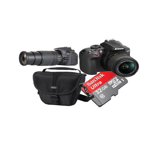 Tudo sobre 'Câmera Digital DSLR Nikon D5300 Sensor CMOS DX 24.2MP 18-55mm + SD 32 Gb e Bolsa'
