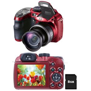 Câmera Digital GE X550 Vermelha com 16.07MP, Zoom Óptico 15X, LCD 2.7", Detector de Face, Detector de Sorriso, Estabilizador de Imagem + Cartão de 8GB
