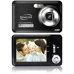 Câmera Digital HD Platinum (15.2MP) Preta C/ 4x de Zoom, LCD de 2.5" e Bateria Recarregável - NewLink