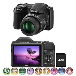 Câmera Digital Nikon Coolpix L820 Preta - 16MP, LCD 3.0", Zoom Ótico 30x, Foto Panorâmica e 3D, Vídeo Full HD + Cartão de 4GB