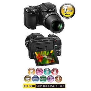 Câmera Digital Nikon Coolpix L830 Preta - 16MP, LCD Móvel 3.0", Zoom 34x, Detecção de Movimento e Vídeo Full HD + Cartão 4GB