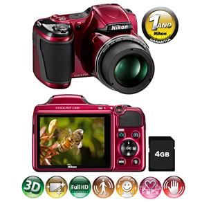 Câmera Digital Nikon Coolpix L820 Vermelha - 16MP, LCD 3.0", Zoom Ótico 30x, Foto Panorâmica e 3D, Vídeo Full HD + Cartão de 4GB