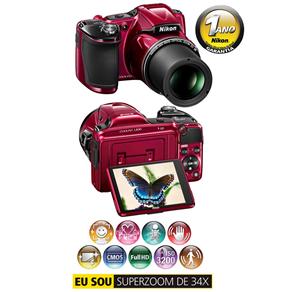 Câmera Digital Nikon Coolpix L830 Vermelha - 16MP, LCD Móvel 3.0", Zoom 34x, Detecção de Movimento e Vídeo Full HD + Cartão 4GB