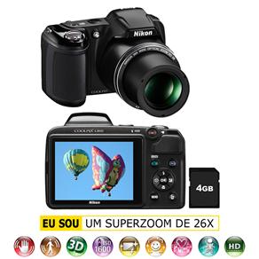 Câmera Digital Nikon Coolpix L810 Preta com 16.1MP, Zoom Óptico 26x, LCD 3", Detector de Face, Saída HDMI, Vídeos HD e Fotos em 3D + Cartão de 4GB