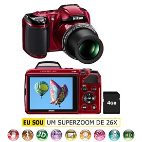 Câmera Digital Nikon Coolpix L810 Vermelha com 16.1MP, Zoom Óptico 26x, LCD 3", Detector de Face, Saída HDMI, Vídeos HD e Fotos em 3D + Cartão de 4GB