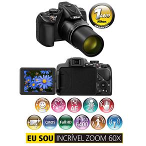 Câmera Digital Nikon Coolpix P600 Preta - 16.1MP, LCD 3.0", Zoom Ótico 60X, Detecção de Movimento, Wi-Fi e Vídeo Full HD