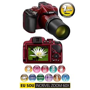 Câmera Digital Nikon Coolpix P600 Vermelha - 16.1MP, LCD 3.0", Zoom Ótico 60x, Detecção de Movimento, Wi-Fi e Vídeo Full HD