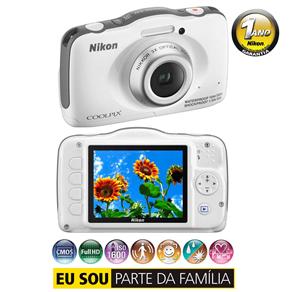 Câmera Digital Nikon Coolpix S32 Branca – 13.2MP, LCD 2.7”, Zoom 3x, à Prova D'água, Vídeo e Full HD
