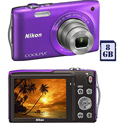 Câmera Digital Nikon Coolpix S3300 16 MP 6x Zoom Óptico Cartão 8GB Roxa