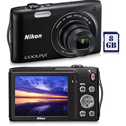 Câmera Digital Nikon Coolpix S3300 16MP 6x Zoom Óptico Cartão 8GB Preta