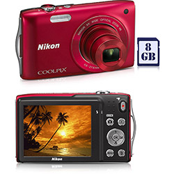Câmera Digital Nikon Coolpix S3300 16MP 6x Zoom Óptico Cartão 8GB Vermelha