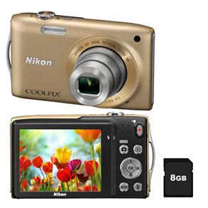 Câmera Digital Nikon CoolPix S3300 Dourada com LCD 2.7”, 16.0 MP, Zoom Óptico 6x, Vídeo HD + Cartão de 8GB