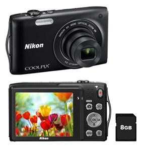 Câmera Digital Nikon CoolPix S3300 Preta com LCD 2.7”, 16.0 MP, Zoom Óptico 6x, Vídeo HD + Cartão de 8GB
