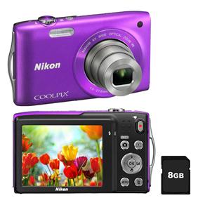 Câmera Digital Nikon CoolPix S3300 Roxa com LCD 2.7”, 16.0 MP, Zoom Óptico 6x, Vídeo HD + Cartão de 8GB