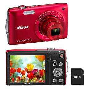 Câmera Digital Nikon CoolPix S3300 Vermelha com LCD 2.7”, 16.0 MP, Zoom Óptico 6x, Vídeo HD + Cartão de 8GB