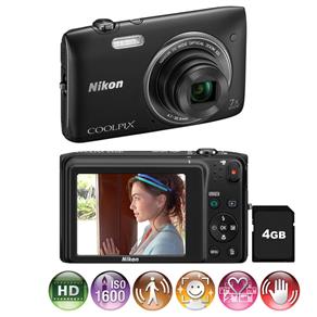 Câmera Digital Nikon Coolpix S3400 Preta - 20.1 MP, LCD 2.7", Foto Panorâmica, Zoom Ótico de 7x, Vídeo HD + Cartão de 4GB