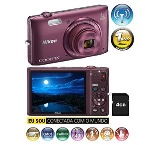 Câmera Digital Nikon Coolpix S5300 Ameixa - 16.0MP, LCD 3.0", Zoom Ótico de 8x, Estabilização de Imagem VR, Wi-Fi, Vídeo Full HD + Cartão de 4GB