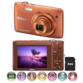 Câmera Digital Nikon Coolpix S3500 Laranja - 20.1 MP, LCD 2,7", Zoom Ótico de 7x, Estabilização de Imagem VR, Vídeo em HD + Cartão de 4GB