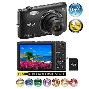 Câmera Digital Nikon Coolpix S5300 Preta - 16.0MP, LCD 3.0", Zoom Ótico de 8x, Estabilização de Imagem VR, Wi-Fi, Vídeo Full HD + Cartão de 4GB