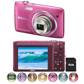 Câmera Digital Nikon Coolpix S3500 Rosa - 20.1 MP, LCD 2,7", Zoom Ótico de 7x, Estabilização de Imagem VR, Vídeo em HD + Cartão de 4GB