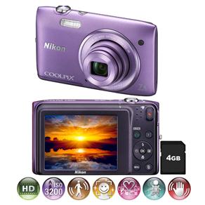 Câmera Digital Nikon Coolpix S3500 Roxa - 20.1 MP, LCD 2,7", Zoom Ótico de 7x, Estabilização de Imagem VR, Vídeo em HD + Cartão de 4GB