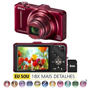 Câmera Digital Nikon Coolpix S9300 Vermelha C/ LCD 3.0”, 16MP, Zoom Óptico 18x, GPS, Vídeo Full HD, Foto 3D e Panorama + Cartão de 8GB
