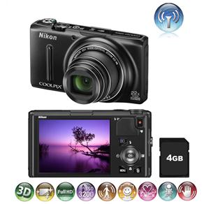 Câmera Digital Nikon Coolpix S9500 Preta - 18.1 MP, LCD 3.0", Zoom Ótico de 22x, Foto Panorâmica e 3D, Wi-Fi e GPS, Vídeo Full HD + Cartão de 4GB