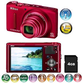 Câmera Digital Nikon Coolpix S9500 Vermelha – 18.1 MP, LCD 3.0", Zoom Ótico de 22x, Foto Panorâmica e 3D, Wi-Fi e GPS, Vídeo Full HD + Cartão de 4GB