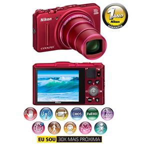 Câmera Digital Nikon Coolpix S9700 Vermelha - 16.0MP, LCD 3.0", Zoom 30x, Detecção de Movimento, Wi-Fi e Vídeo Full HD + Cartão de 4GB