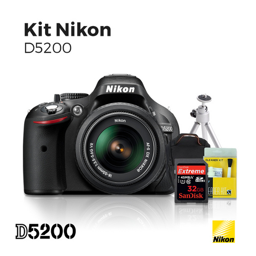 Tudo sobre 'Câmera Digital Nikon D5200 Lente 18-55mm / Cartão Memória 32gb (C10) / Bolsa / Tripe E Kit Limpeza'