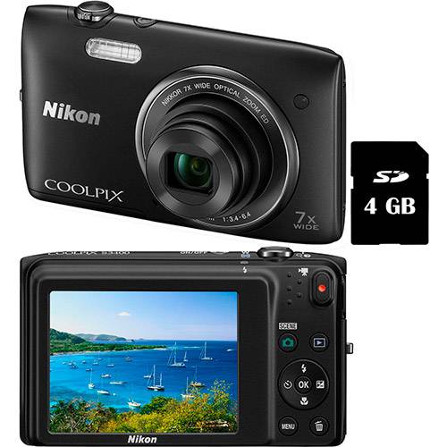 Câmera Digital Nikon S3400 20.1MP Zoom Óptico 7x Cartão 4 GB - Preta
